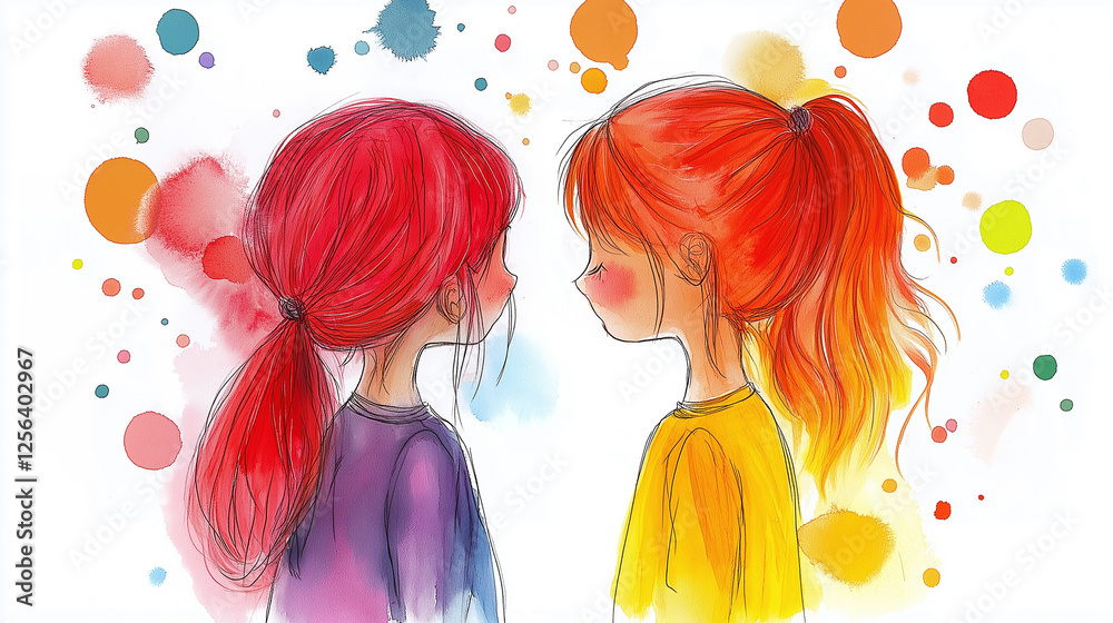Hand-drawn watercolor illustration of two young girls facing each other with colorful abstract background, symbolizing childhood, friendship, connection, innocence, artistic expression, and emotions Hand-drawn watercolor illustration of two young girls facing each other with colorful abstract background, symbolizing childhood, friendship, connection, innocence, artistic expression, and emotions