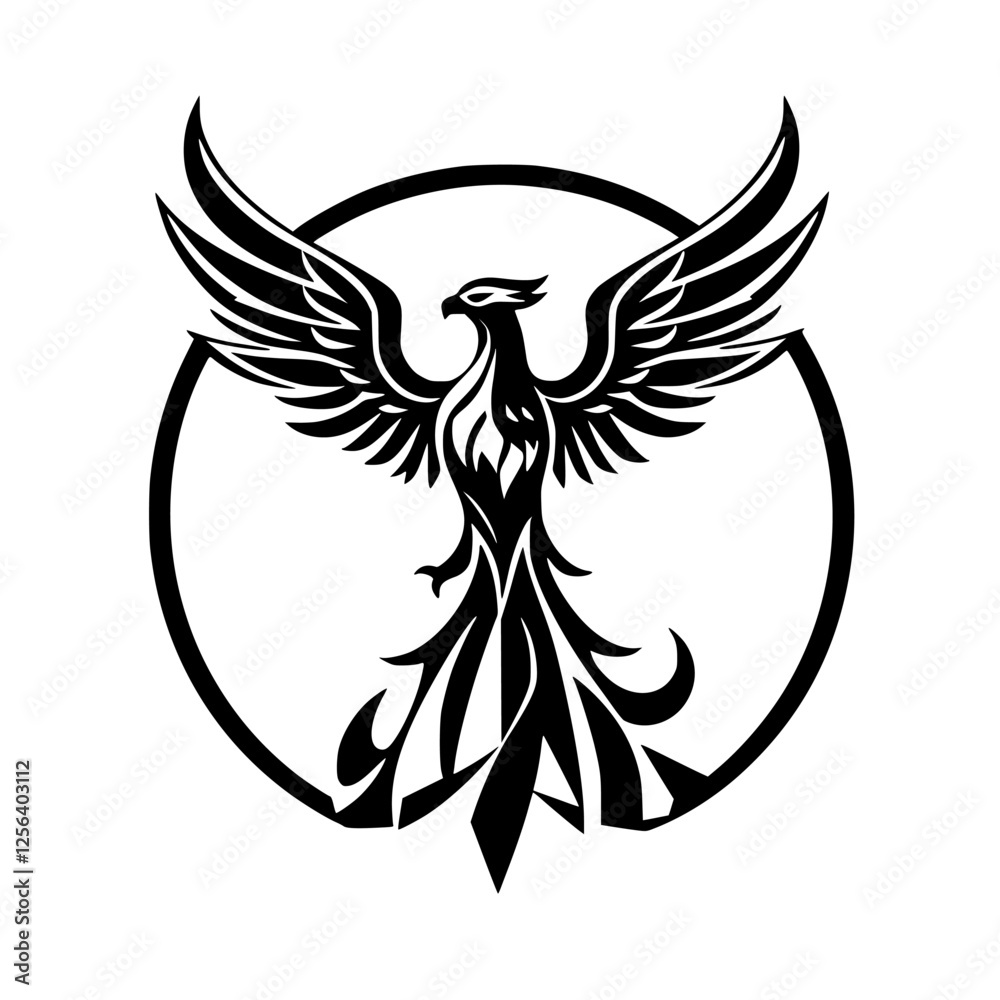 Obraz premium Black ink silhouette of a phoenix with wings outstretched, encircled within a circle.