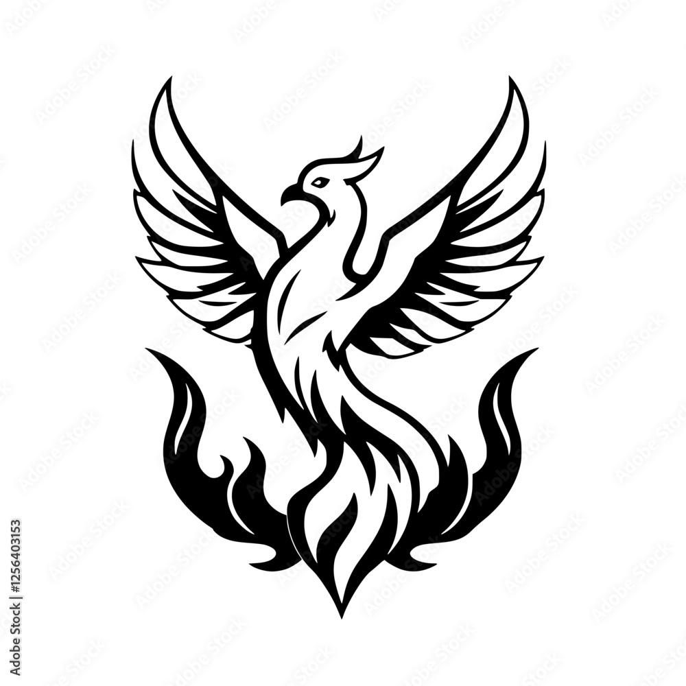 Fototapeta premium Phoenix Rising from Flames: A Black and White Emblem, depicted against white background, a stylized silhouette, symbolic.
