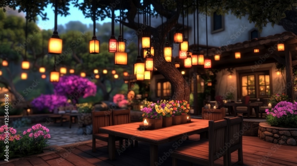 Obraz premium Romantic outdoor dinner setting with hanging lanterns illuminating a wooden table and vibrant flowers.
