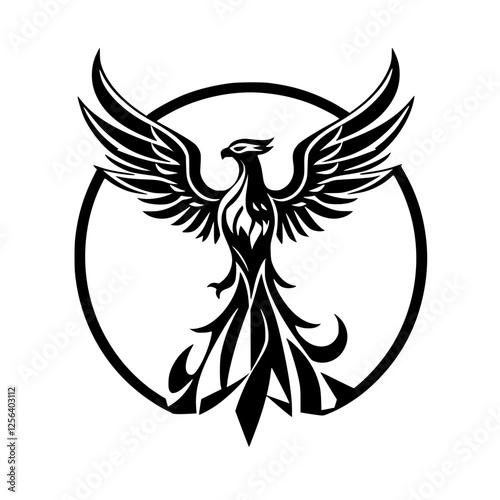 Black ink silhouette of a phoenix with wings outstretched, encircled within a circle.