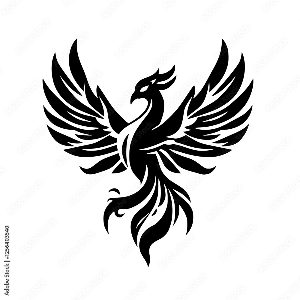 Fototapeta premium Black Phoenix Silhouette on White Background: Majestic Bird with Wings Outspread in an Elegant, Stylized Composition.