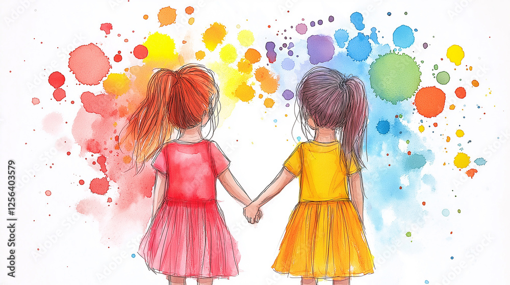 Artistic watercolor painting of two young girls holding hands in colorful dresses with bright abstract splashes, symbolizing friendship, innocence, unity, joy, happiness, and childhood memories Artistic watercolor painting of two young girls holding hands in colorful dresses with bright abstract splashes, symbolizing friendship, innocence, unity, joy, happiness, and childhood memories