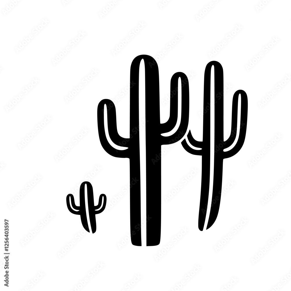 Fototapeta premium Black-and-white minimalist illustration featuring three cactus plants against a stark white background, the cactus family, and the mood is one of simplicity.