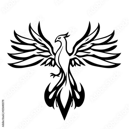 Phoenix, Rising: A minimalistic black and white stylized representation of a phoenix with its wings spread.