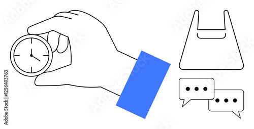 Hand holding a clock, plastic shopping bag, and two chat bubbles with ellipses. Ideal for business planning, time management, efficiency, communication, retail multitasking organization. Simple