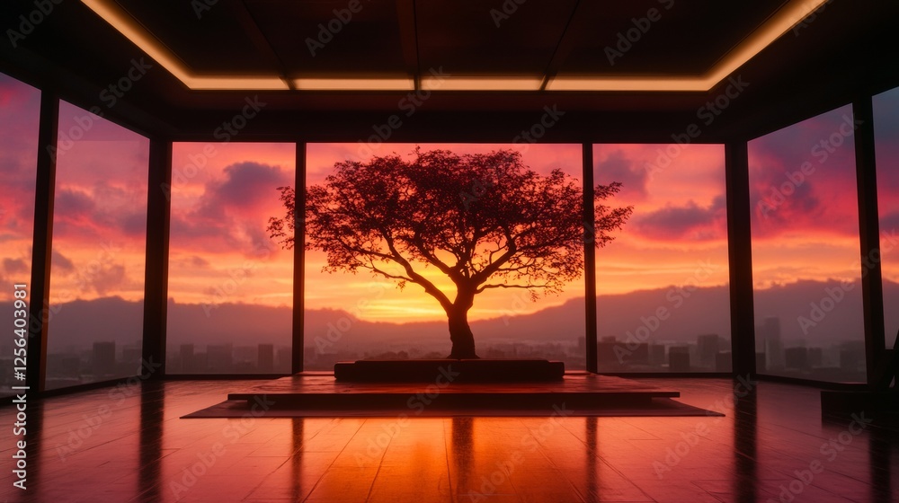 A majestic tree silhouetted against a vibrant sunset, viewed from a modern room with floor-to-ceiling windows. A majestic tree silhouetted against a vibrant sunset, viewed from a modern room with floor-to-ceiling windows.