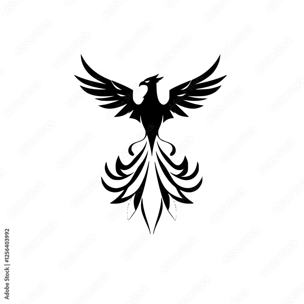 Obraz premium A black silhouette of a phoenix, its wings outstretched against a white backdrop.