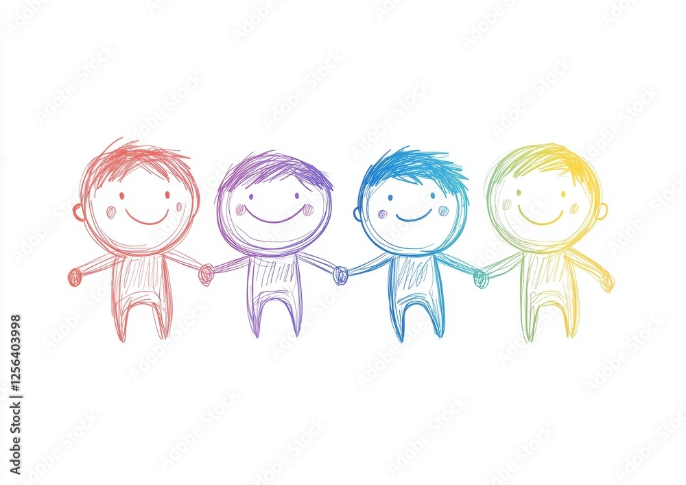 cute, simple stick figure drawings of children holding hands, in a clip art style, on a white background, with colorful, simple lines Generative AI cute, simple stick figure drawings of children holding hands, in a clip art style, on a white background, with colorful, simple lines Generative AI