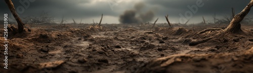 World war i battlefield with trenches in muddy terrain photo