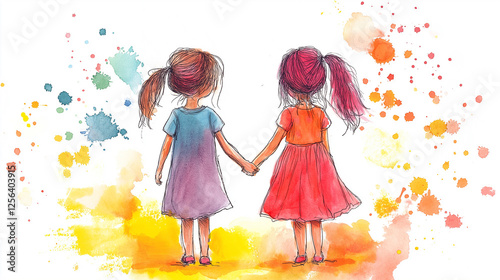 Artistic watercolor painting of two young girls holding hands in colorful dresses with bright abstract splashes, symbolizing friendship, innocence, unity, joy, happiness, and childhood memories