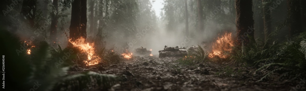 Historic world war ii battlefield in misty dense forest landscape Historic world war ii battlefield in misty dense forest landscape
