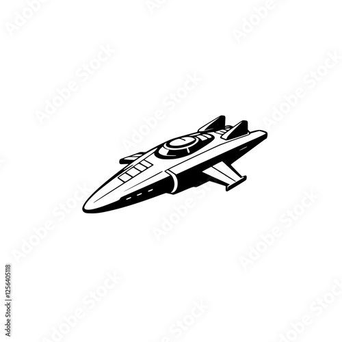 Futuristic minimalist spaceship illustration on a white background, monochrome.