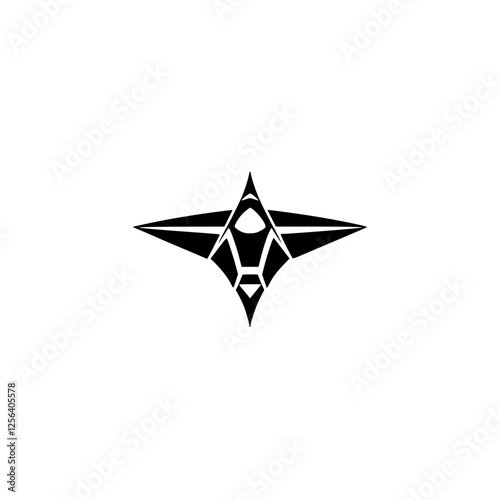 Minimalist black and white design, geometric emblem, a sleek star shape.