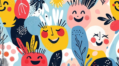 Wallpaper Mural A seamless banner featuring a vibrant array of colorful happy faces. The cheerful expressions create a playful and uplifting design, perfect for backgrounds, decorations, or celebratory themes.  Torontodigital.ca