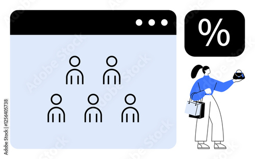 Woman holding purse and shopping bags, website interface with user icons, percentage discount symbol. Ideal for e-commerce, online shopping, customer management, web design, digital marketing
