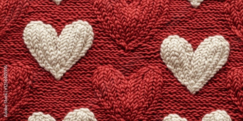 Rows of textured heart-shaped knits in warm red and white tones creating a cozy design for Valentine’s Day or festive holiday decor