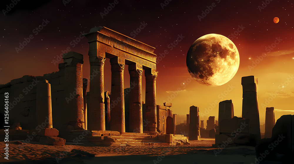 Fototapeta premium Majestic lunar eclipse over ancient ruins during a clear night sky in egypt. Lunar Ruins. Illustration