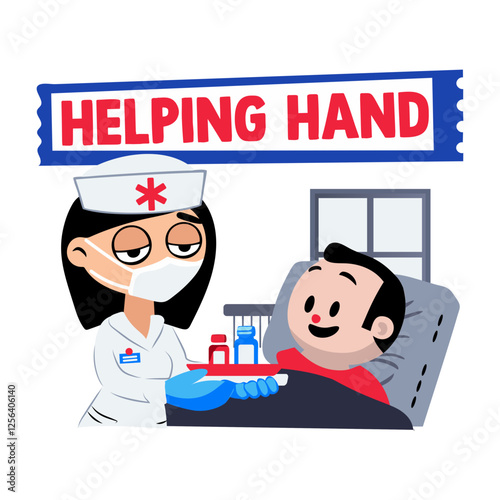 A flat sticker of nurse checkup patient with helping hand typography 
