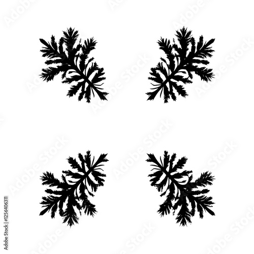 "Symmetrical Black Frond Silhouettes on White: A Pattern of Four Fern-Like Branch Clusters"