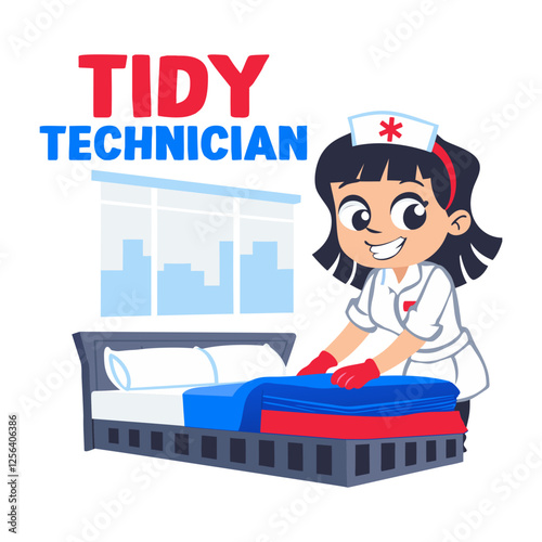 A flat sticker of a nurse setting hospital bed with tidy technician typography 