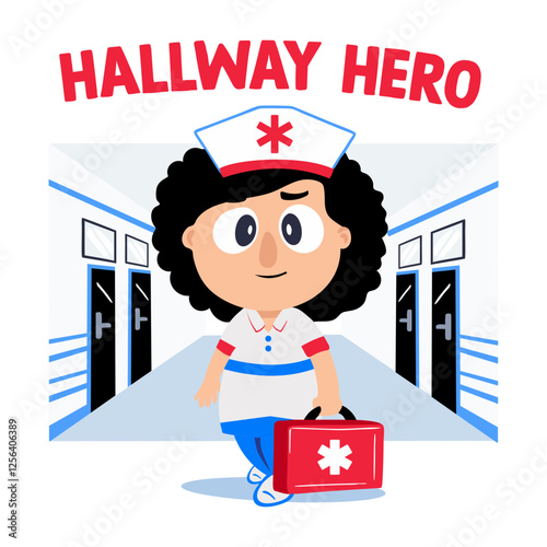A flat sticker of a medical character with hallway hero typography 