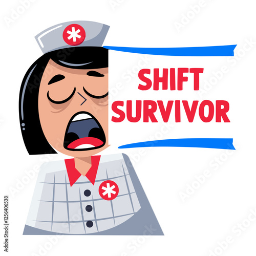 A flat sticker of tired nurse with shift survivor typography 