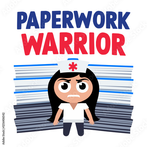 A flat sticker of burnout nurse with paperwork warrior typography 