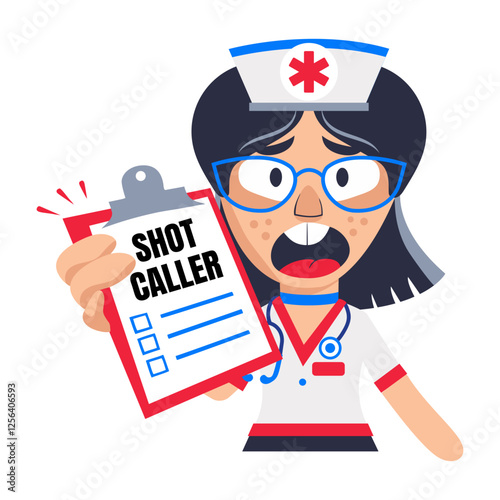 A flat sticker of a shouting character holding a clipboard written shot caller 