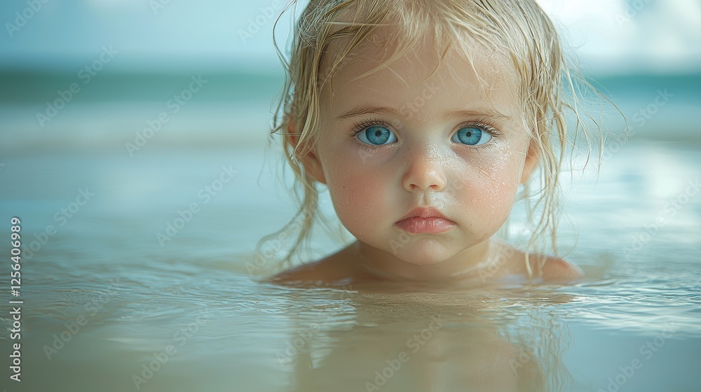 A young child with blue eyes playing in shallow water at the beach. A young child with blue eyes playing in shallow water at the beach.
