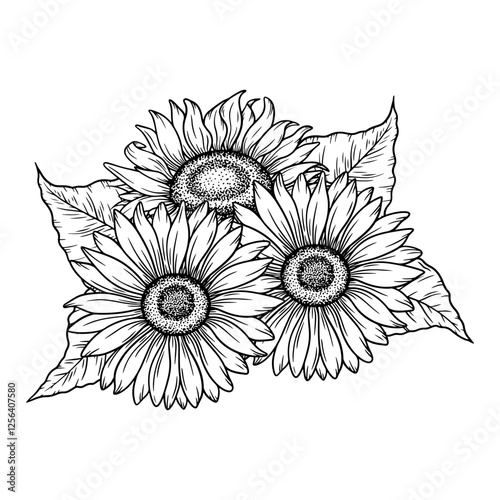 Vector sunflowers illustration, line art floral composition. Graphic monochrome drawing. Hand drawn flowers outline sketch, engraved illustration. Design element for coloring book page, tattoo, logo.