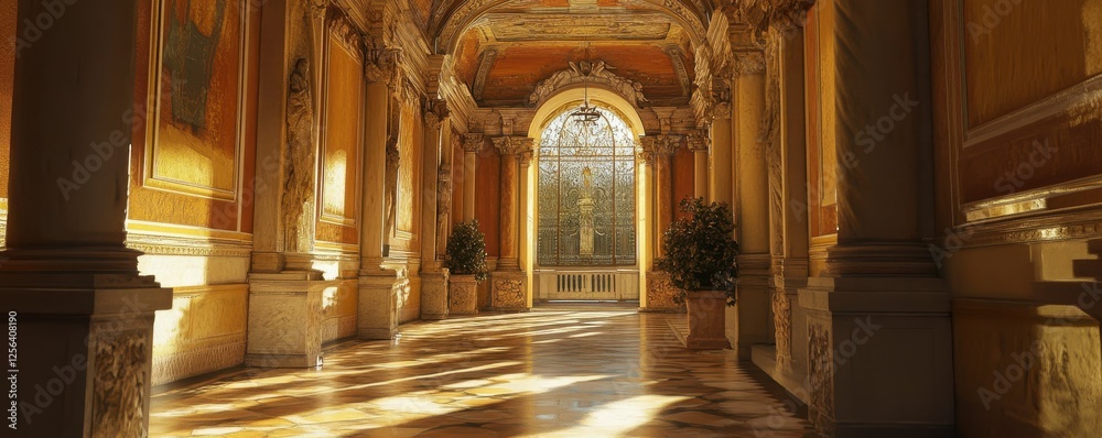 Fototapeta premium Sunlit hallway in historic european mansion with ornate architecture and golden decor