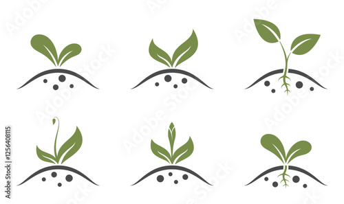 Growing plant sprout icon set. Spring, farming and planting symbols. Isolated vector images in simple style