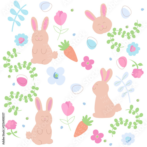 Cute hand drawn seamless pattern with easter bunny and eggs. Cartoon elements set with bunny and flowers on invisible background. Sweet repeat hand drawn fabric textile, print design for kids. 