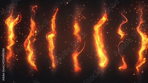 Realistic flaming hot fire with burning and heating lines. Glowing bonfire or campfire backgrounds featuring orange fiery elements, radiant flares, and explosive flames against a black background.