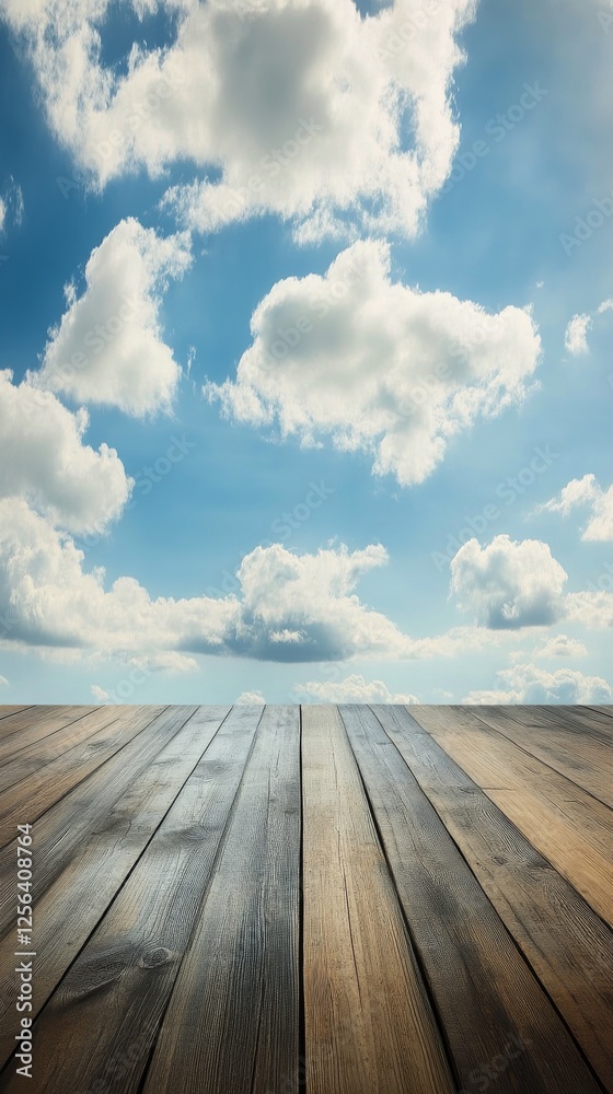Beautiful wooden platform overlooking a serene cloudy sky during sunrise Beautiful wooden platform overlooking a serene cloudy sky during sunrise