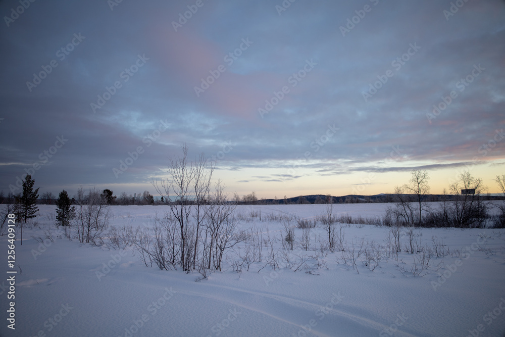 Snowy landscape winter scene in Swedish Lapland. Kiruna, Norrbotten County. Snowy landscape winter scene in Swedish Lapland. Kiruna, Norrbotten County.