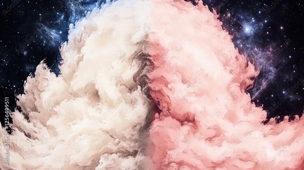 Obraz premium Abstract cosmic cloudscape in dreamy pastel hues. A swirling blend of cream and rose pink against a dark, starry backdrop.