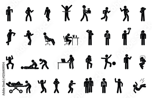 icon people in different situations, set of human figures, stick figure person pictogram, man, woman 