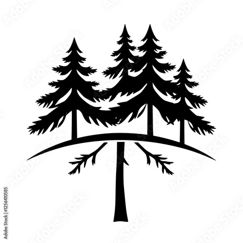 Black silhouette of three pine trees, with the impression of a forest, on a white background.