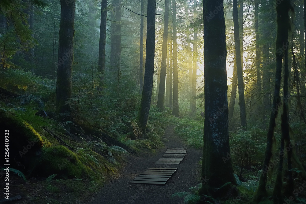 Obraz premium A misty green forest at sunrise with golden light filtering through ancient trees, creating a peaceful, enchanting atmosphere along a moss-covered pathway Generative AI