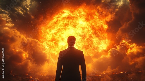 A man stands in front of a huge, fiery explosion