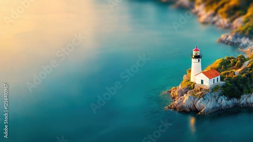   An aerial view of a lighthouse on a small island surrounded by trees and water