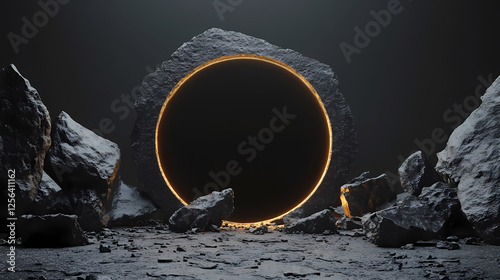 Abstract backgroun with black cobblestone ruins broken rocks roun frame an golden nuggets modern minimal showcase scene with blank space for product presentation. Lunar Ruins. Illustration photo