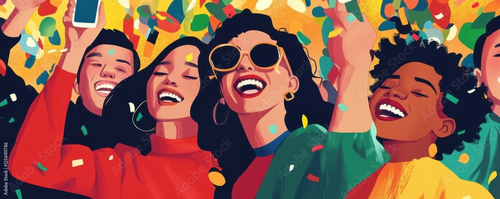 Diverse group celebrating with joyful expressions and colorful confetti Diverse group celebrating with joyful expressions and colorful confetti