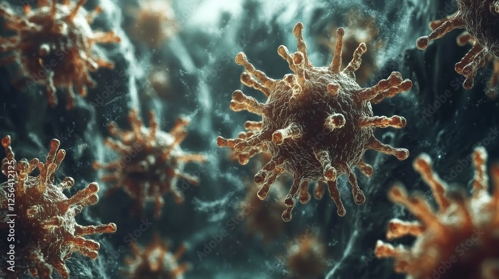 Fototapeta premium Microscopic view of coronavirus cells multiplying and spreading infection