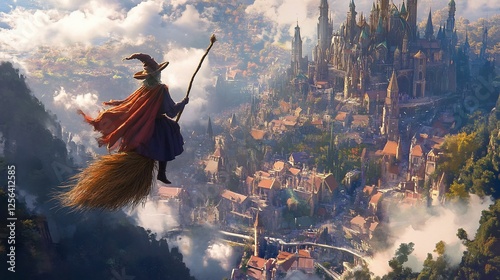 Witch Flying Over a Magical Kingdom