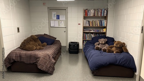 Childrens' Bunk Beds in a Small, Simple Room with Stuffed Animals photo