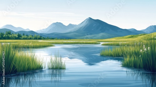Serene Mountain Landscape with Lush Green Marshland and Tranquil Lake Reflecting the Majestic Peaks on a Clear, Sunny Day