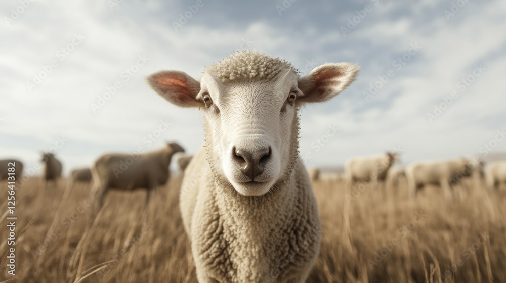 Fototapeta premium Sheep gazing, pasture, flock, rural, farmland